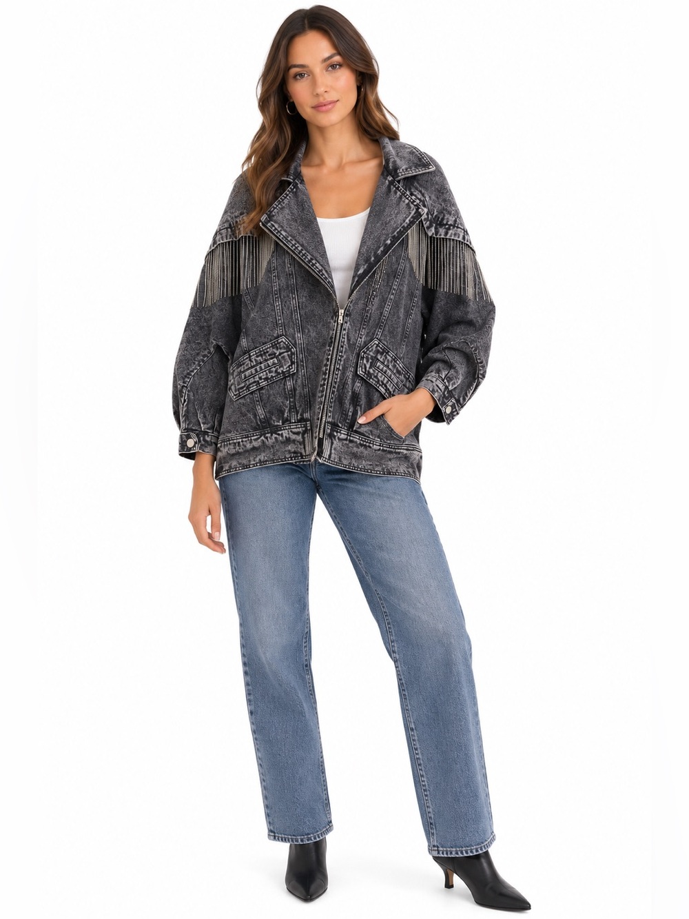 VICI Acid Wash Denim Fringe Jacket Oversized One Size Black Western Moto Shacket